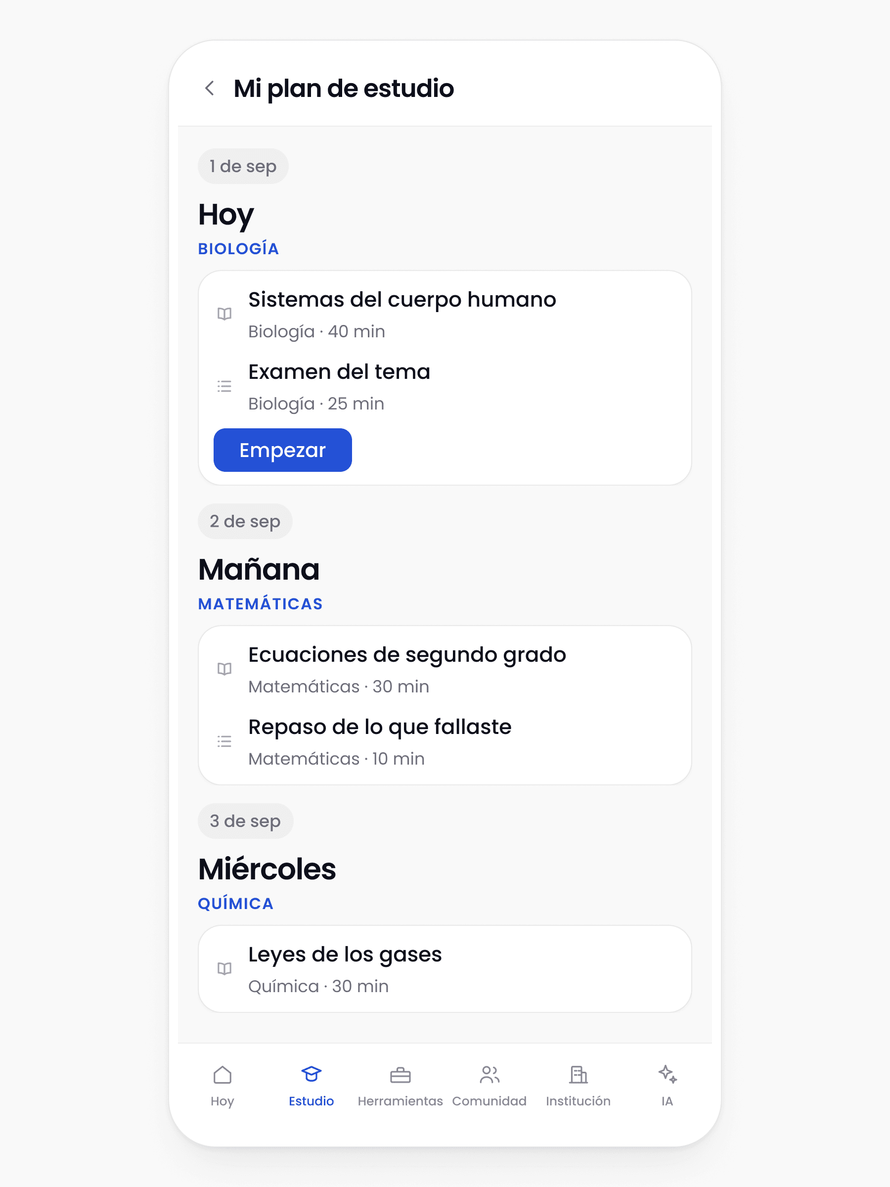 Plan de estudio semanal de Futurum en un teléfono