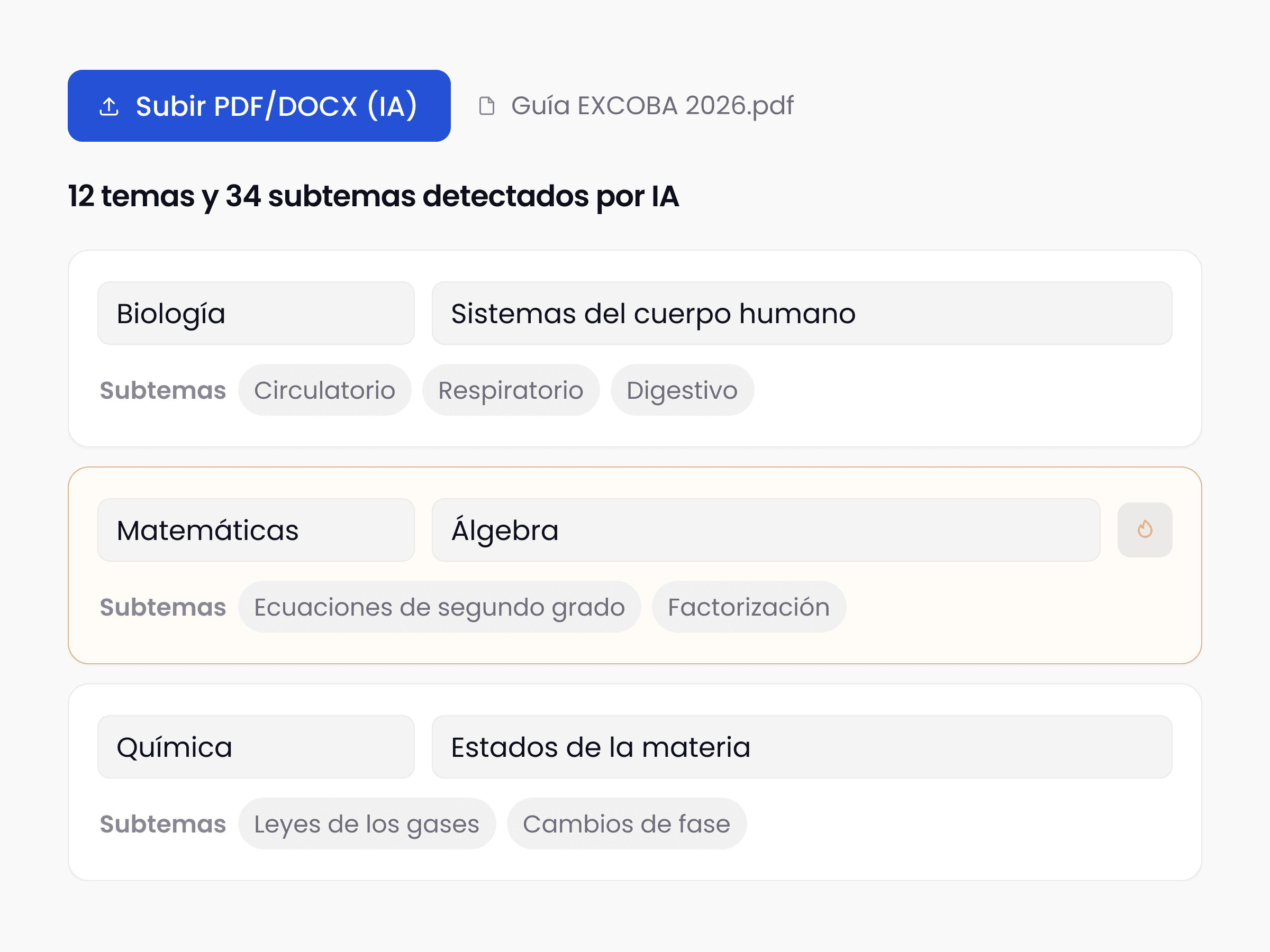 Lista de temas detectados a partir de un temario en PDF