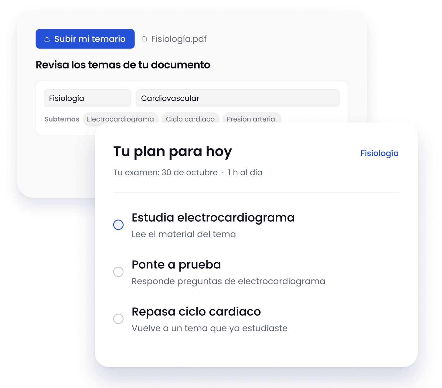 Del temario de Fisiología a tu plan diario: estudia electrocardiograma, responde preguntas y repasa ciclo cardiaco.